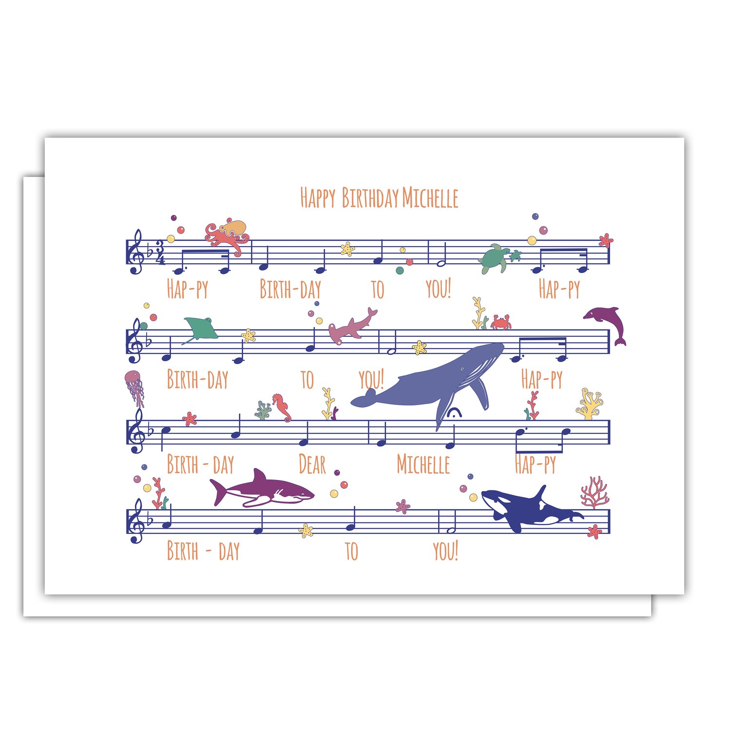 Greeting card illustration of Happy Birthday sheet music with colourful ocean sealife swimming across the notes