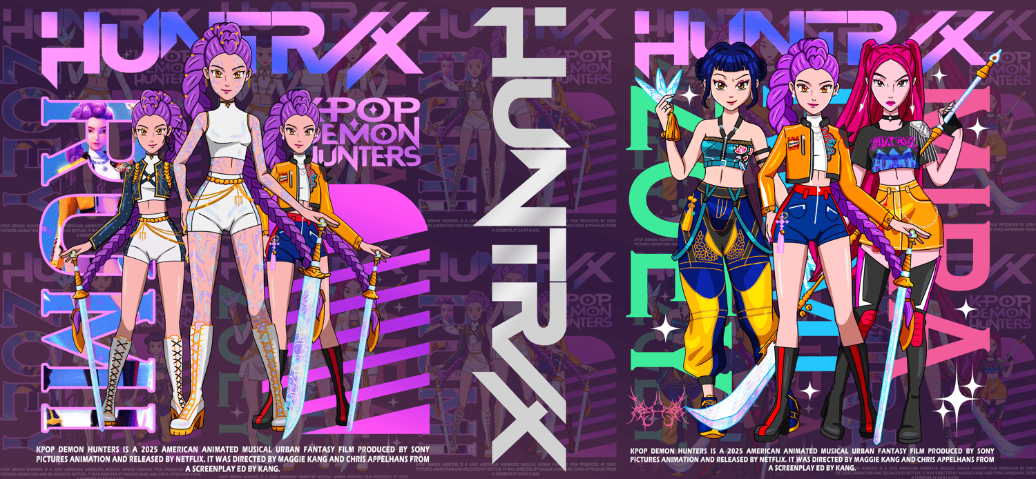 Huntrix KPOP Demon Hunters, K-pop anime film, Huntrix designs, KPOP Demon Hunters merch