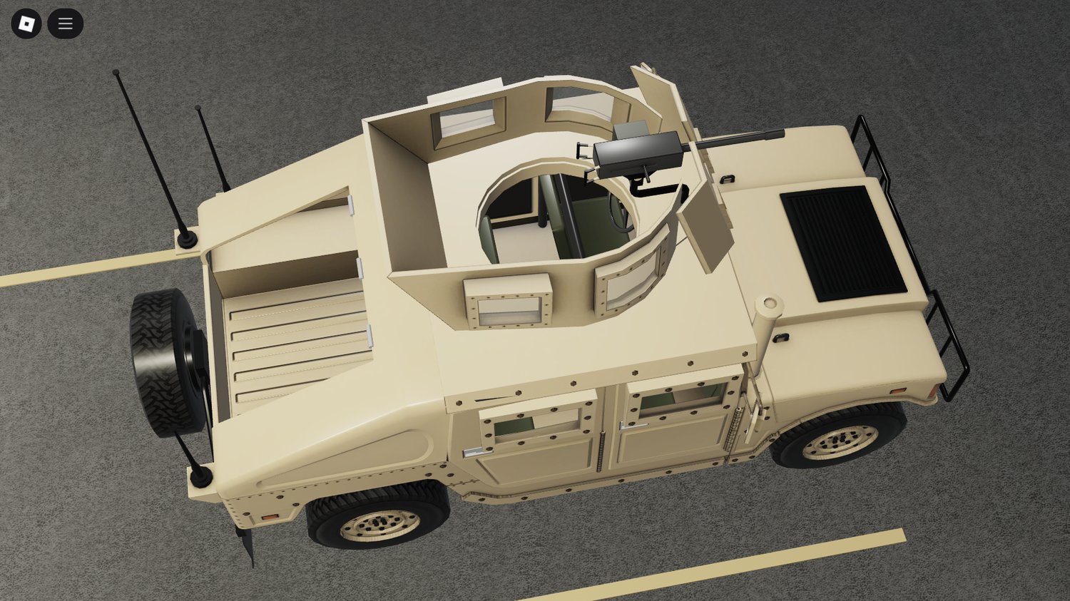 Rear shot of military car with lights visible