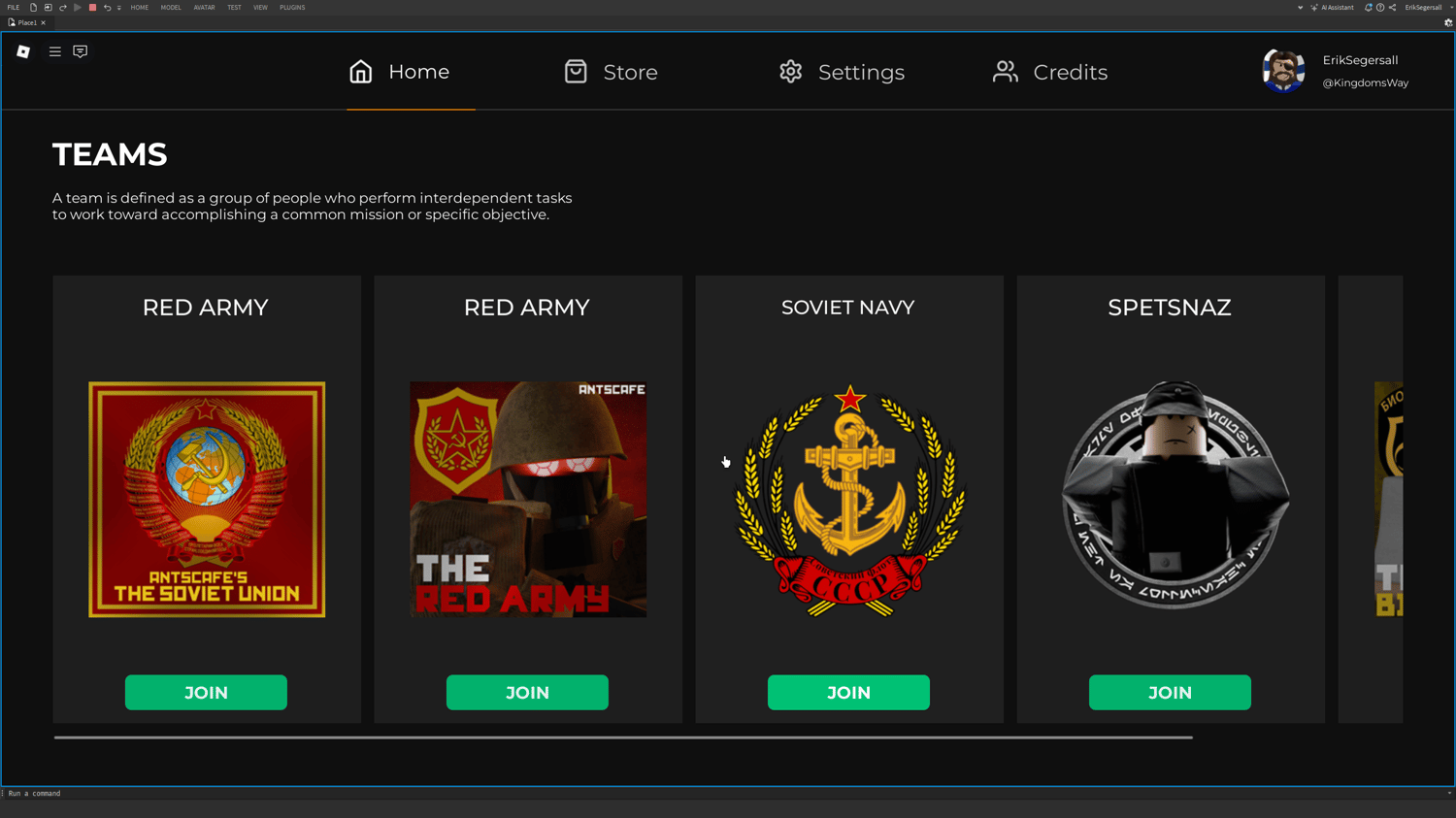 Roblox roleplay game menu with credits and shop