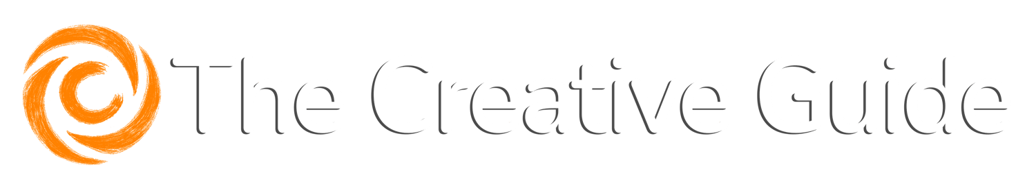 The Creative Guide logo with an orange brushstroke swirl symbol on the left and the words “The Creative Guide” in clean white rounded font, displayed on a transparent background for use on dark-colored website headers.