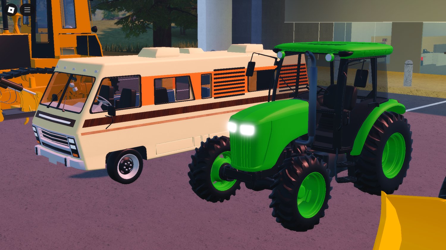 Wide shot of tractors and cars side by side