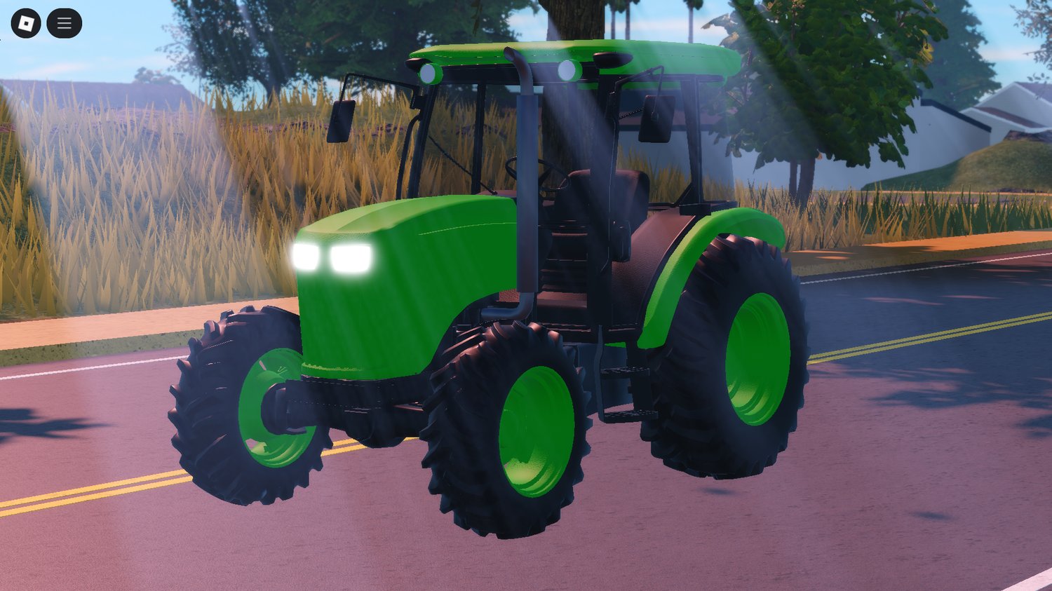 Small John Dear tractor parked on Roblox farm