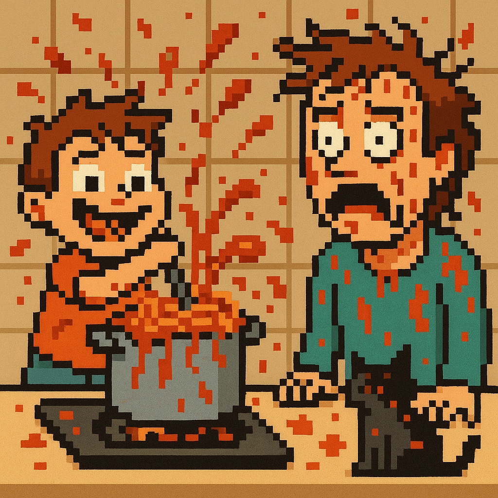 Pixel art of a chaotic kitchen scene. A child grins while stirring a pot of spaghetti sauce, which splatters everywhere. The frazzled parent is covered in sauce, and even a cat on the counter has red stains. The style is retro 32-bit, with exaggerated com
