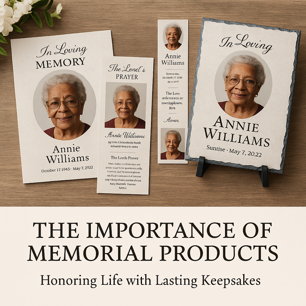 Image of an obituary, bookmark, prayer card and picture slate.