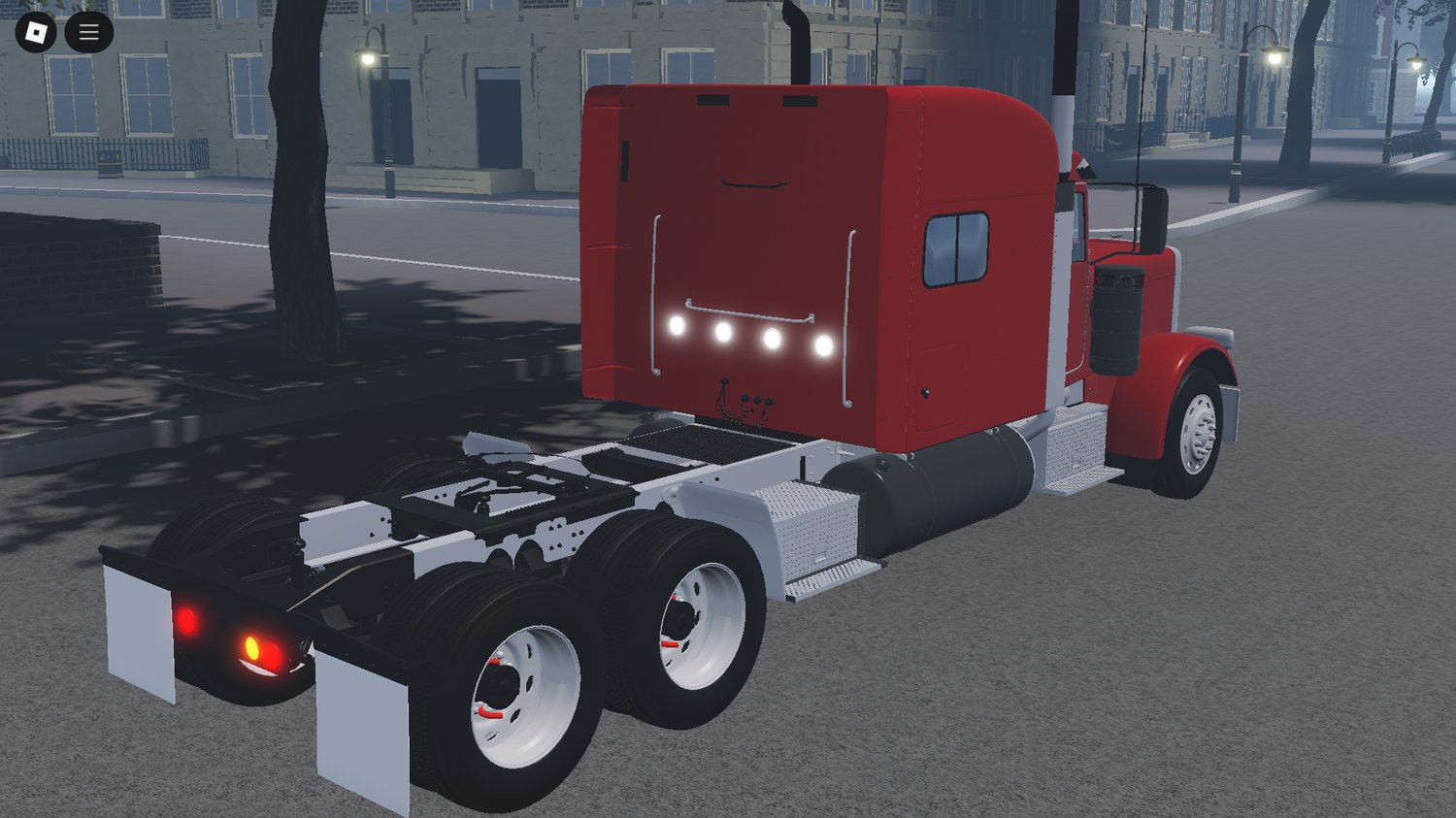 Detailed front grille and headlights of Peterbilt 389
