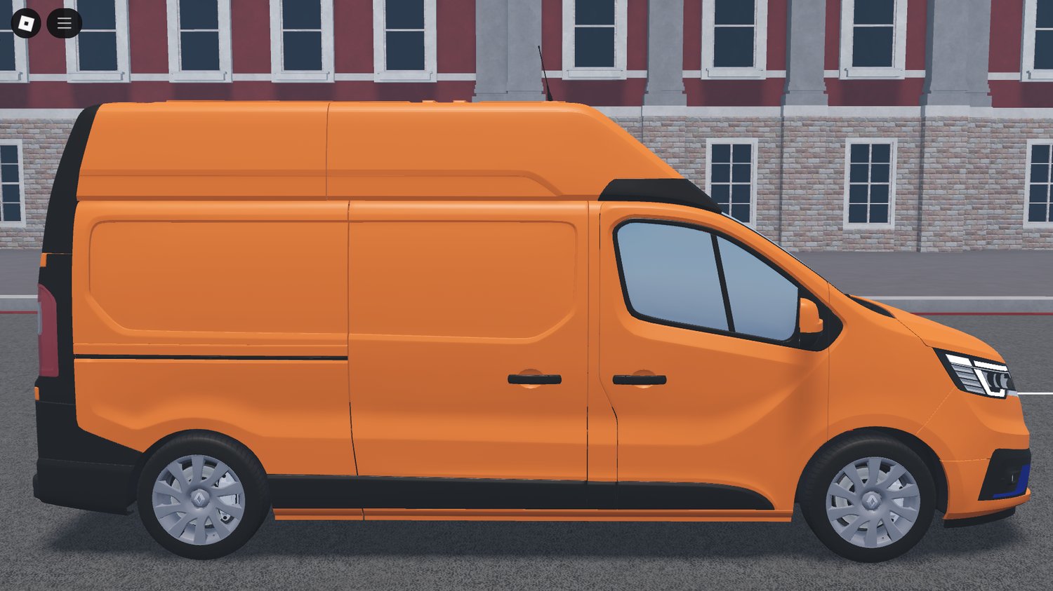 Side view of DHL van driving in city map