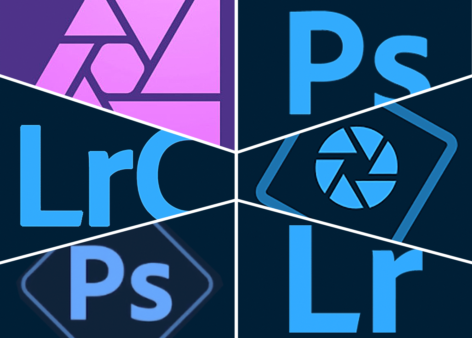 Collage of creative software logos including Adobe Lightroom Classic (LrC), Lightroom (Lr), Photoshop (Ps), Photoshop Express, Photoshop Elements, and Affinity Photo, representing tools featured on The Creative Guide’s Software and Apps page.
