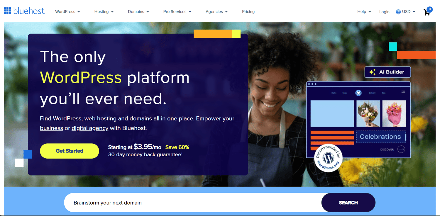 Bluehost homepage 2025 – affordable WordPress hosting for beginners and small businesses with plans starting at $2.95 per month.