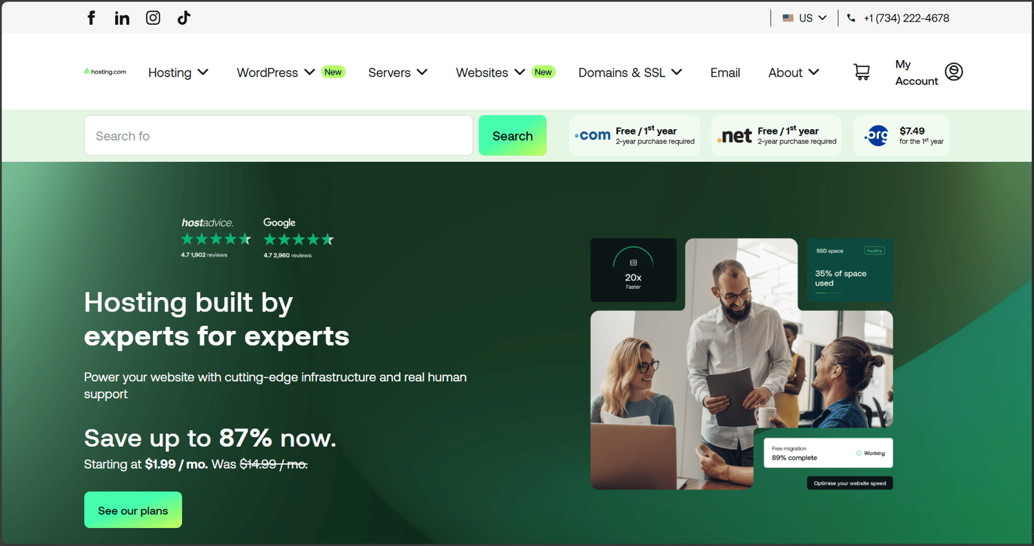 Hosting.com homepage 2025 – enterprise-grade web hosting with secure and scalable solutions for business websites.