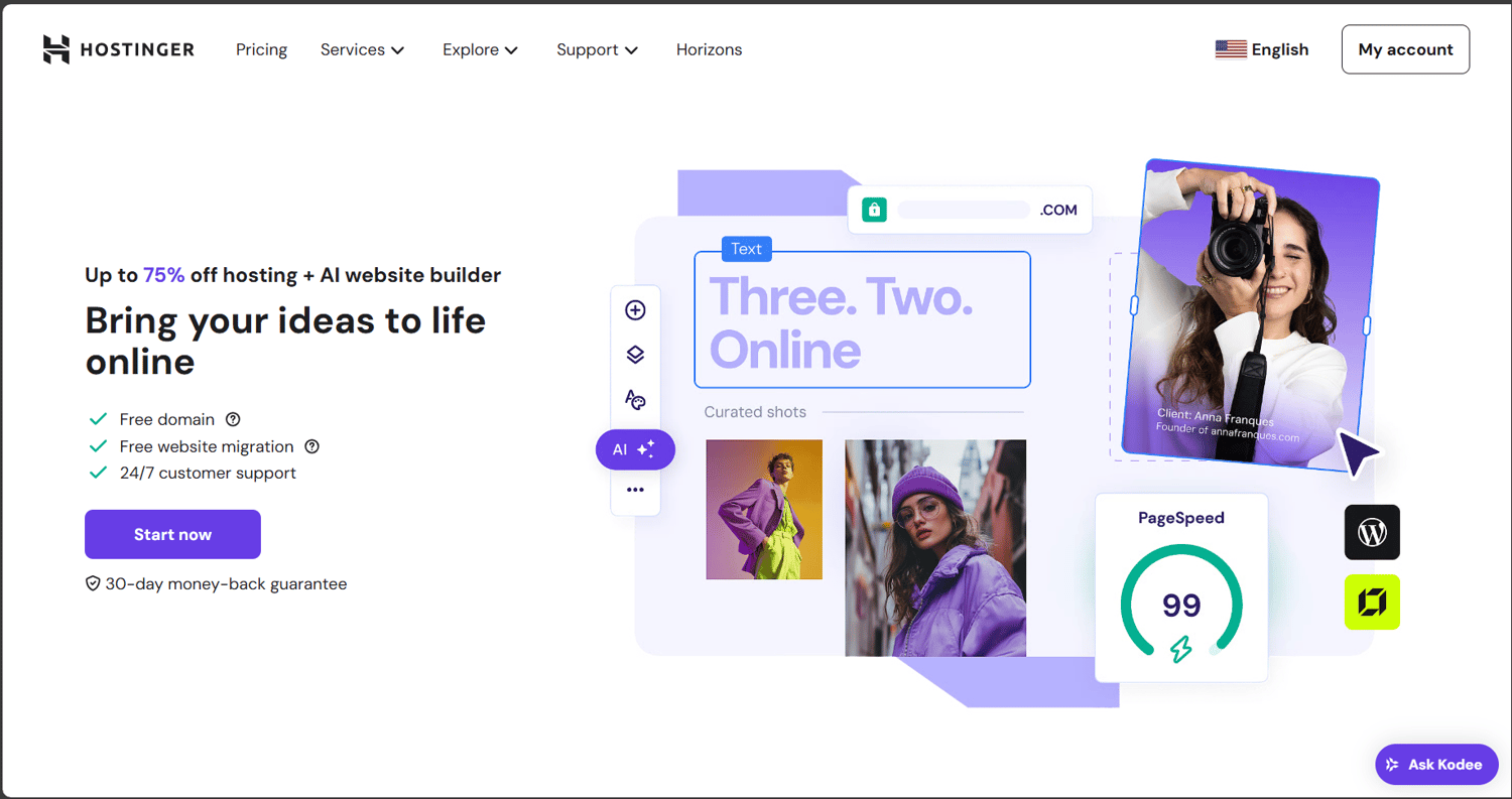 Hostinger homepage 2025 – budget-friendly web hosting with fast loading speeds and affordable plans for small businesses.