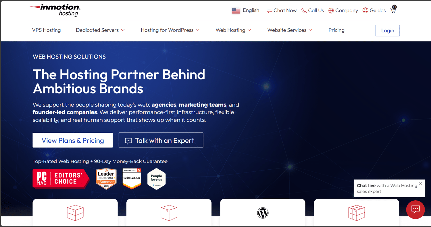 InMotion Hosting homepage 2025 – reliable business hosting with high performance, 24/7 support, and scalable hosting solutions.