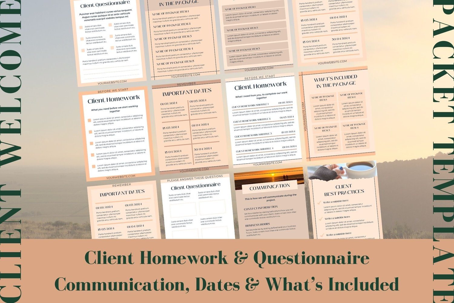 This client welcome packet template for Canva includes client homework and client questionnaire templates. It also includes communication, important dates and what’s included templates.