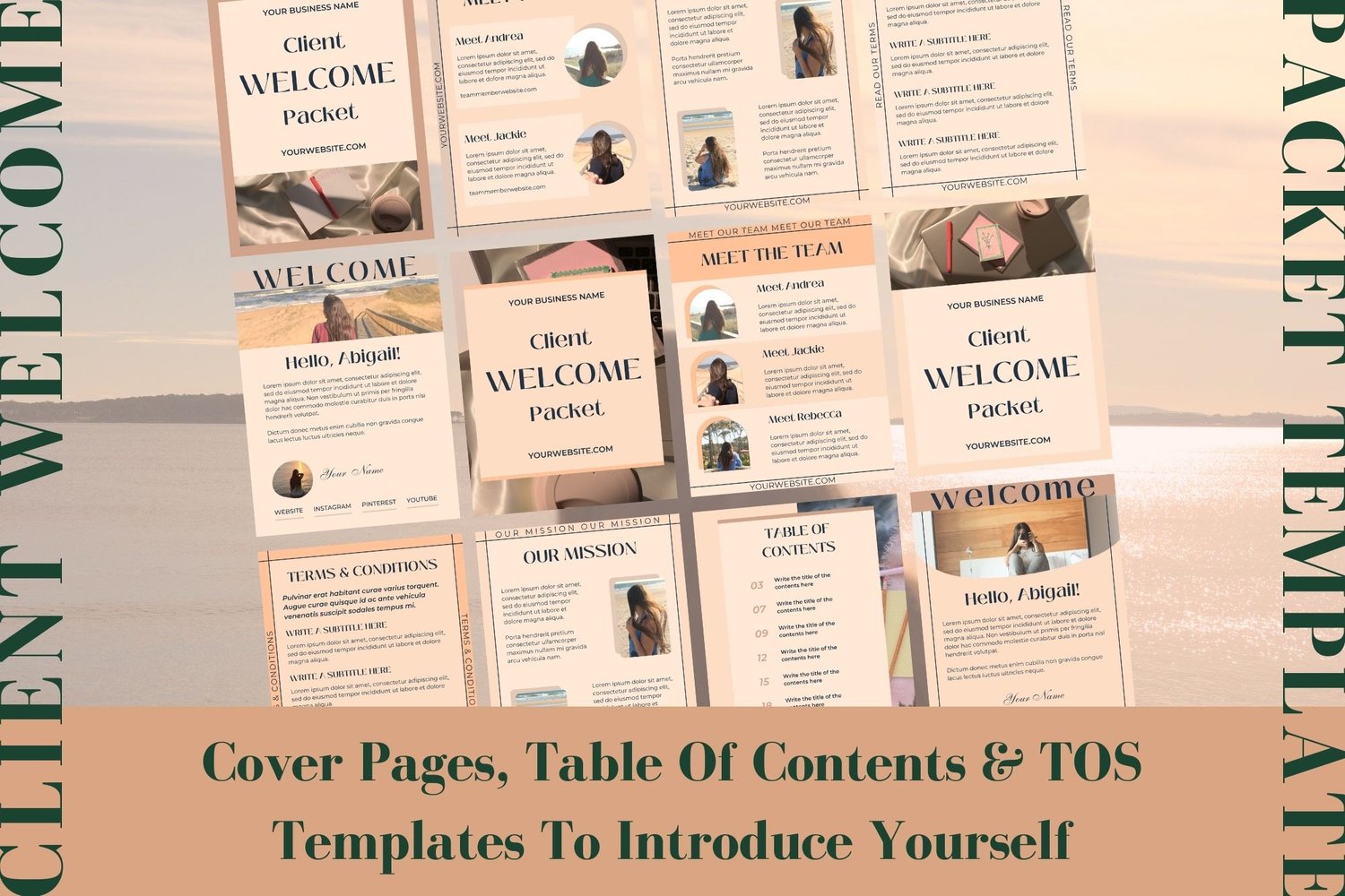 This client welcome packet template for Canva includes cover pages, table of contents and terms of service templates. It also includes templates to introduce yourself.