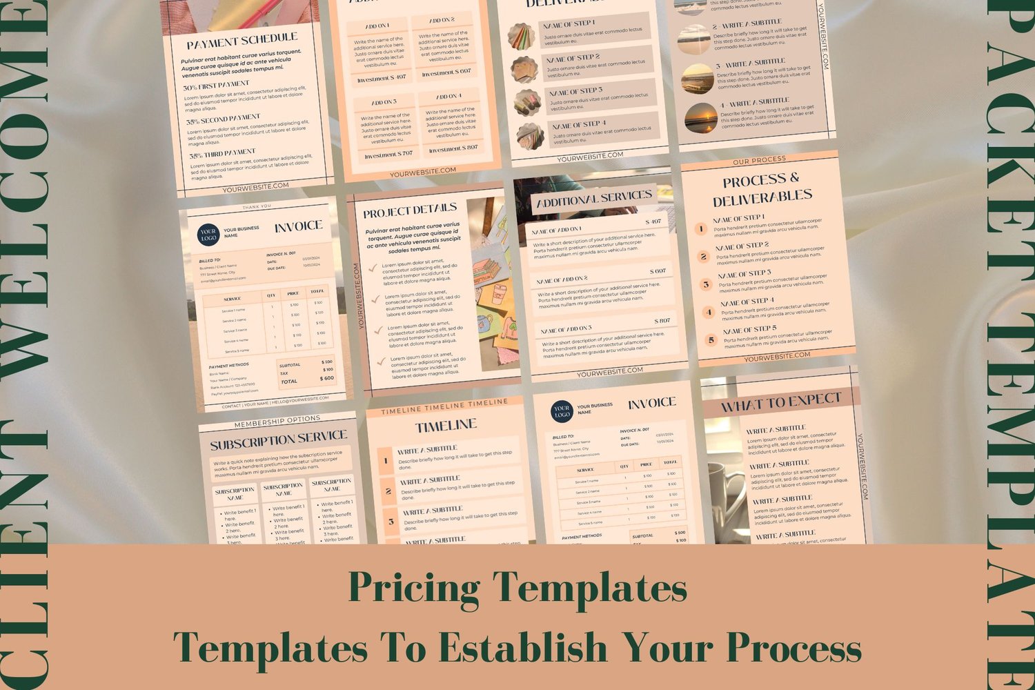 This client welcome packet template for Canva includes pricing templates and templates to establish your process.