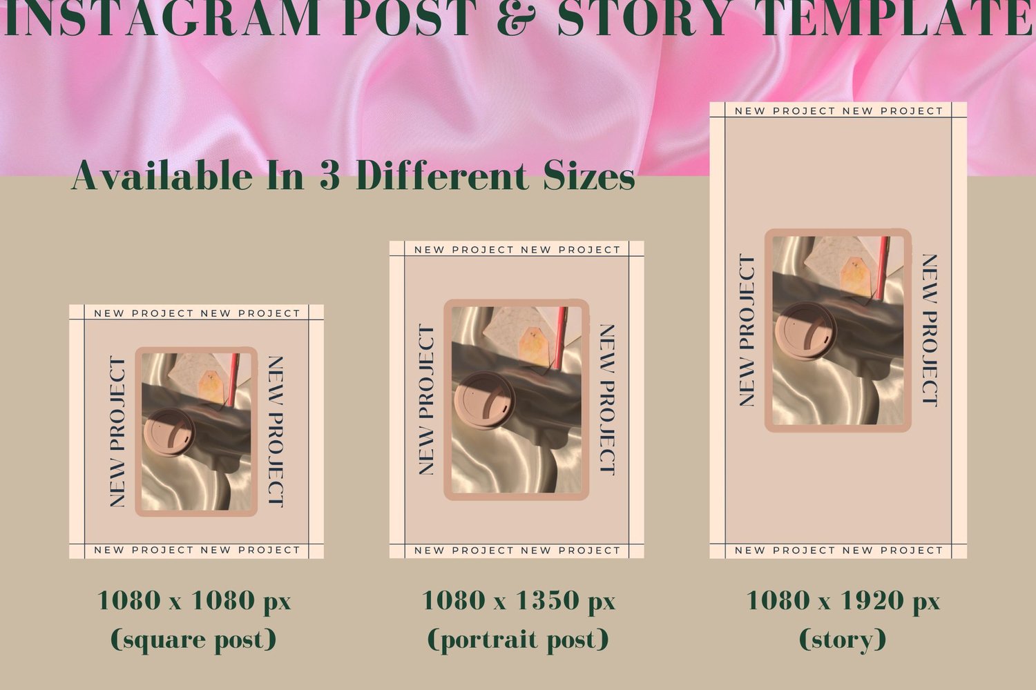 Example of one of the templates available in different sizes: Instagram square posts, Instagram portrait posts, and Instagram stories.