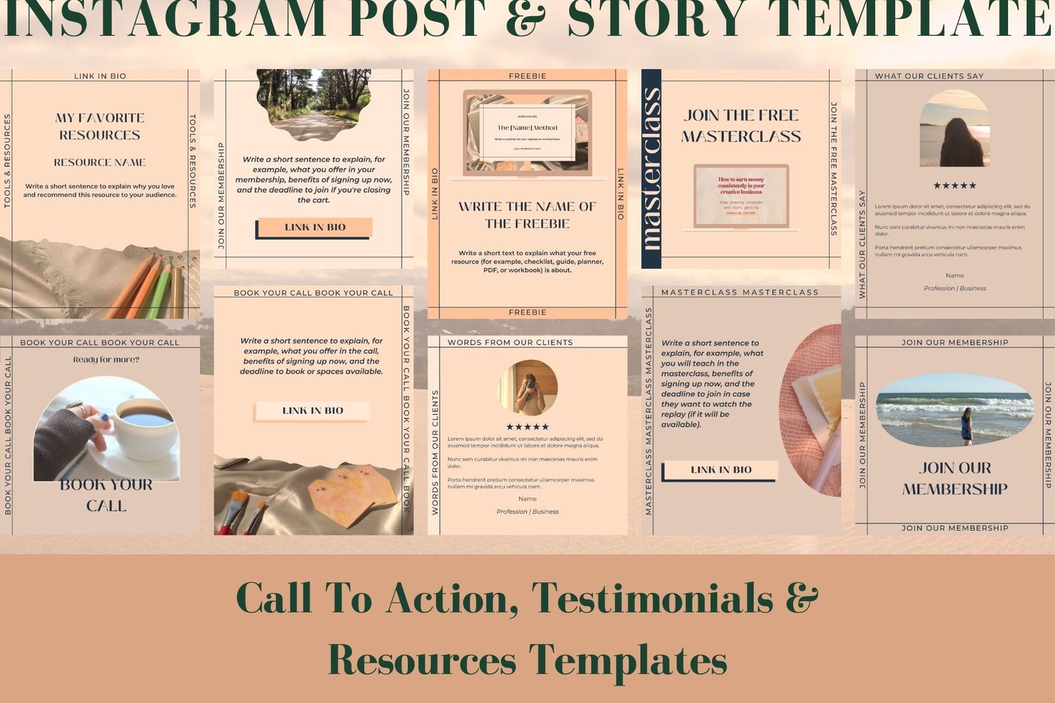 This Instagram post and story template for Canva includes call to action, testimonials and resources templates.