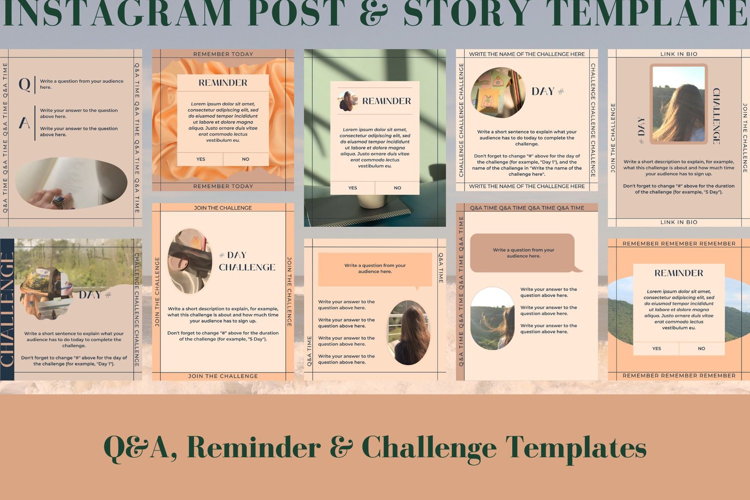 This Instagram post and story template for Canva includes Q&A, reminder and challenge templates.