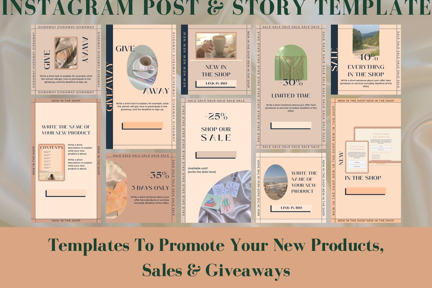 This Instagram post and story template for Canva includes templates to promote your new products, sales and giveaways.