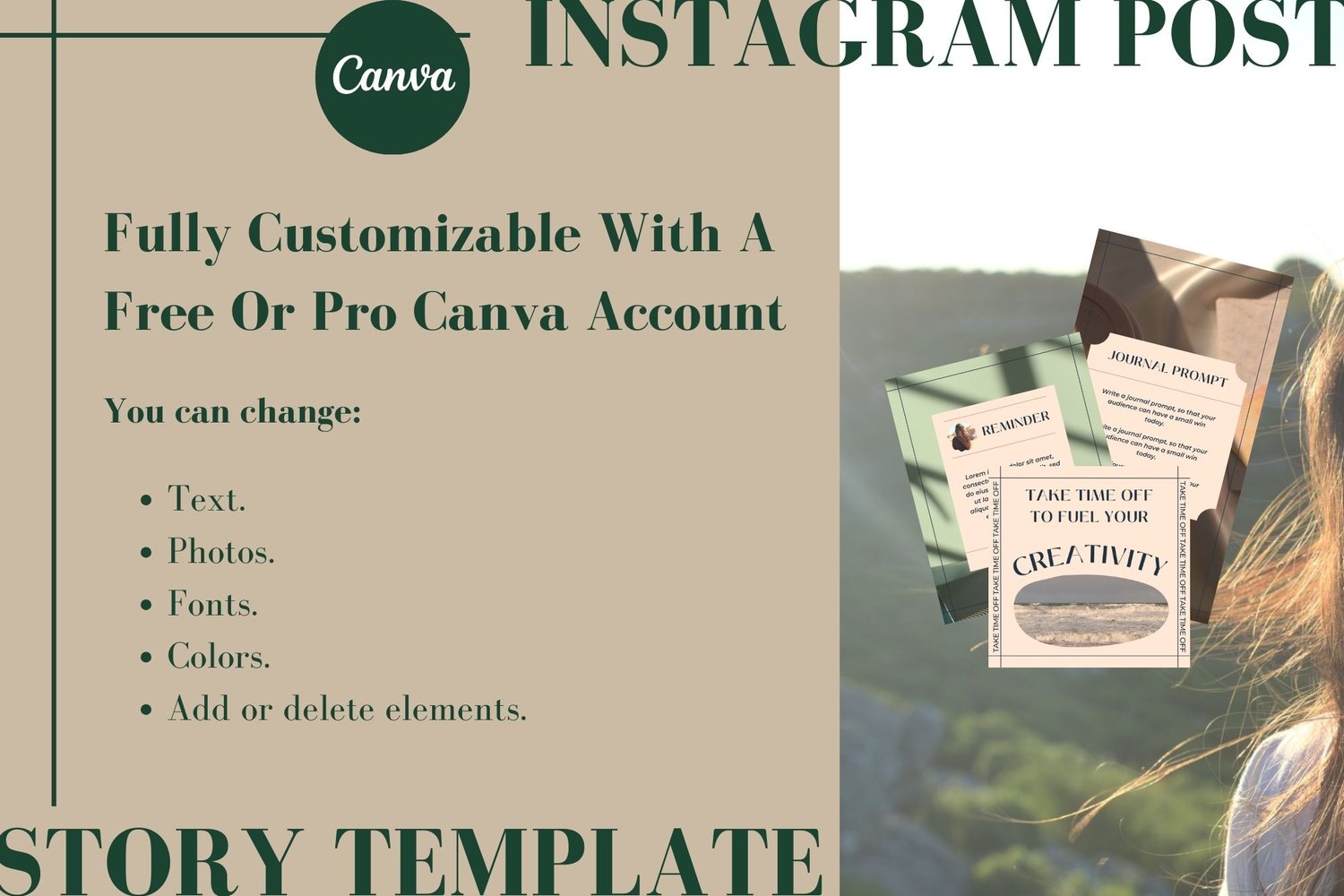 Fully customizable with a free or Pro Canva account. You can change text, photos, fonts, colors, and add or delete elements. Example of 3 different templates included.