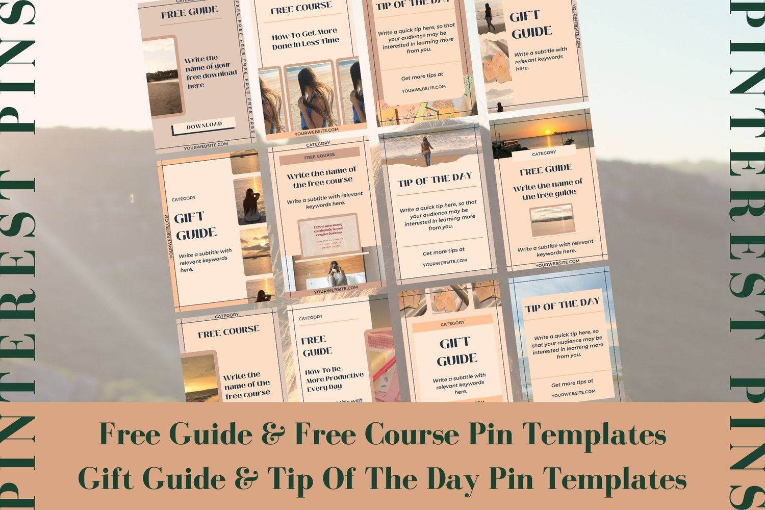 This Pinterest pin template for Canva includes free guide and free course pin templates. It also includes gift guide pin templates and tip of the day pin templates.