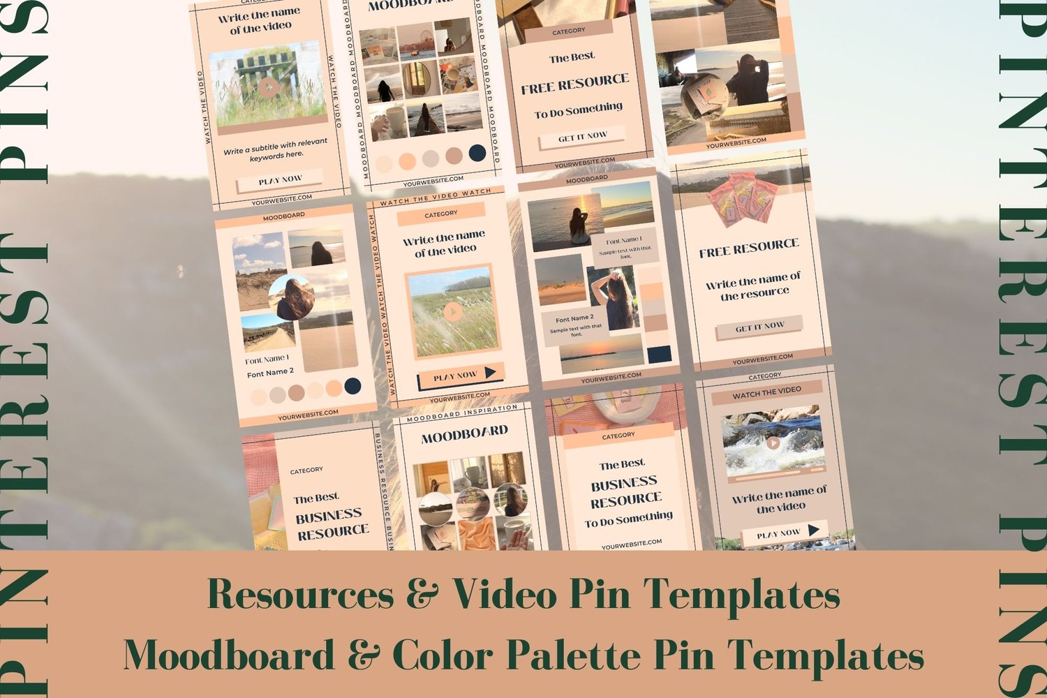 This Pinterest pin template for Canva includes resources and video pin templates. It also includes moodboard and color palette templates.