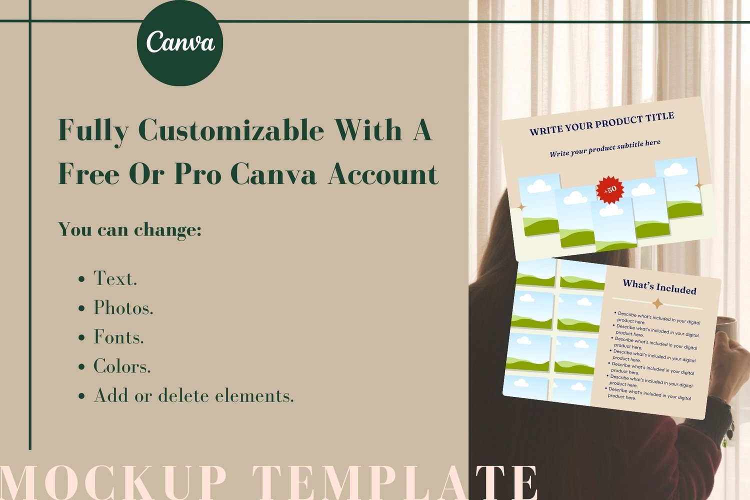 Fully customizable with a free or Pro Canva account. You can change text, photos, fonts, colors, and add or delete elements. Images of two mockups from this mockup template.