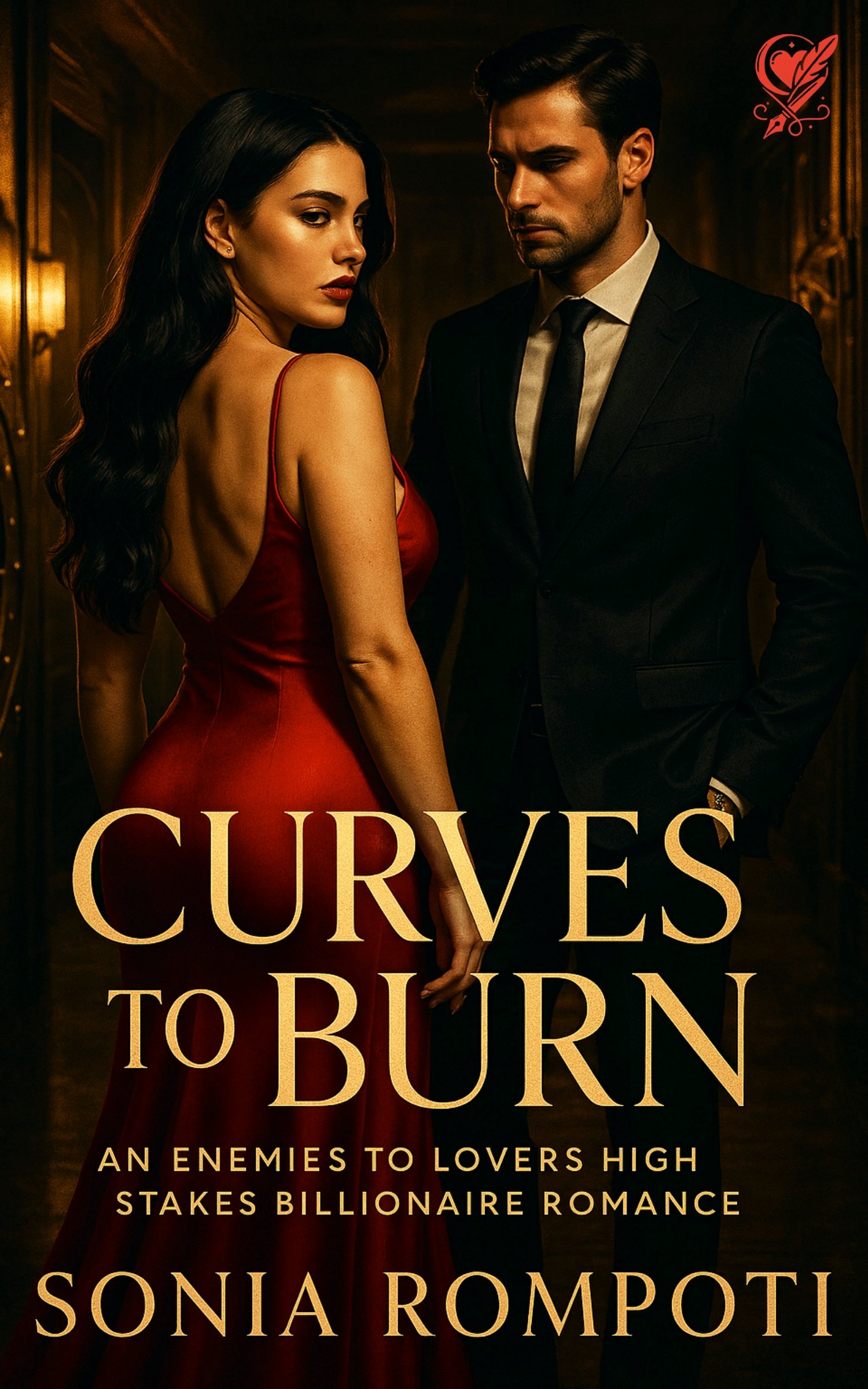 Book Cover of Curves to Burn. Sophia looks at the reader in a seductive manner, while Cole cant stop looking at her direction.