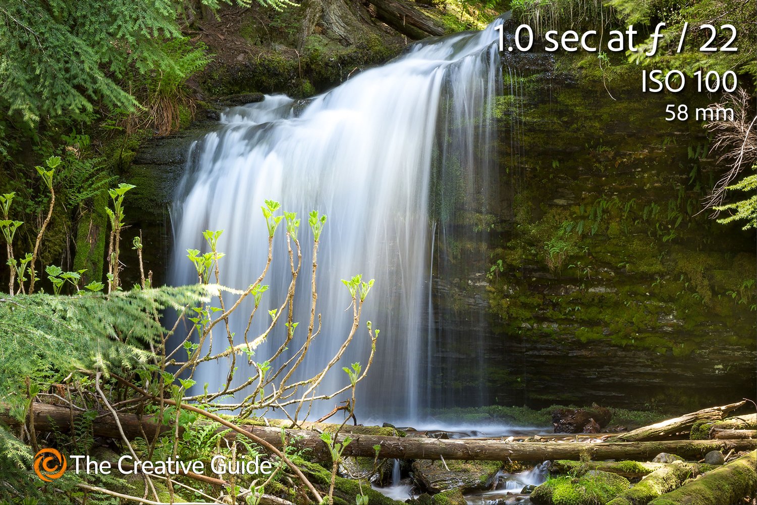 Long exposure of a small forest waterfall surrounded by moss and greenery, with smooth flowing water, photographed at 1 sec f/22 ISO 100, 58 mm, The Creative Guide Photo Gallery.