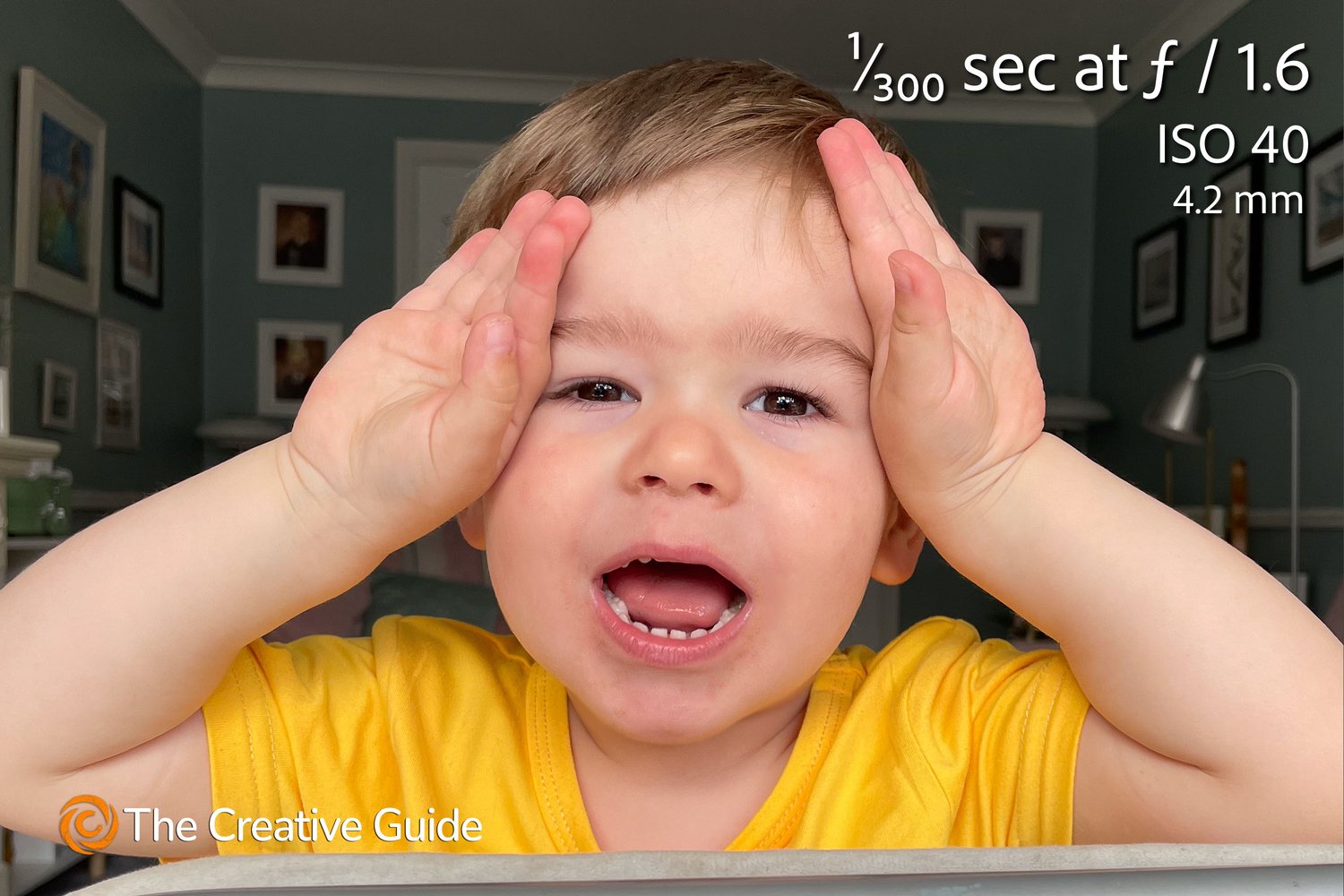 Close-up portrait of a young child in a yellow shirt smiling and playing indoors, photographed at 1/300 sec f/1.6 ISO 40, 4.2 mm, The Creative Guide Photo Gallery.