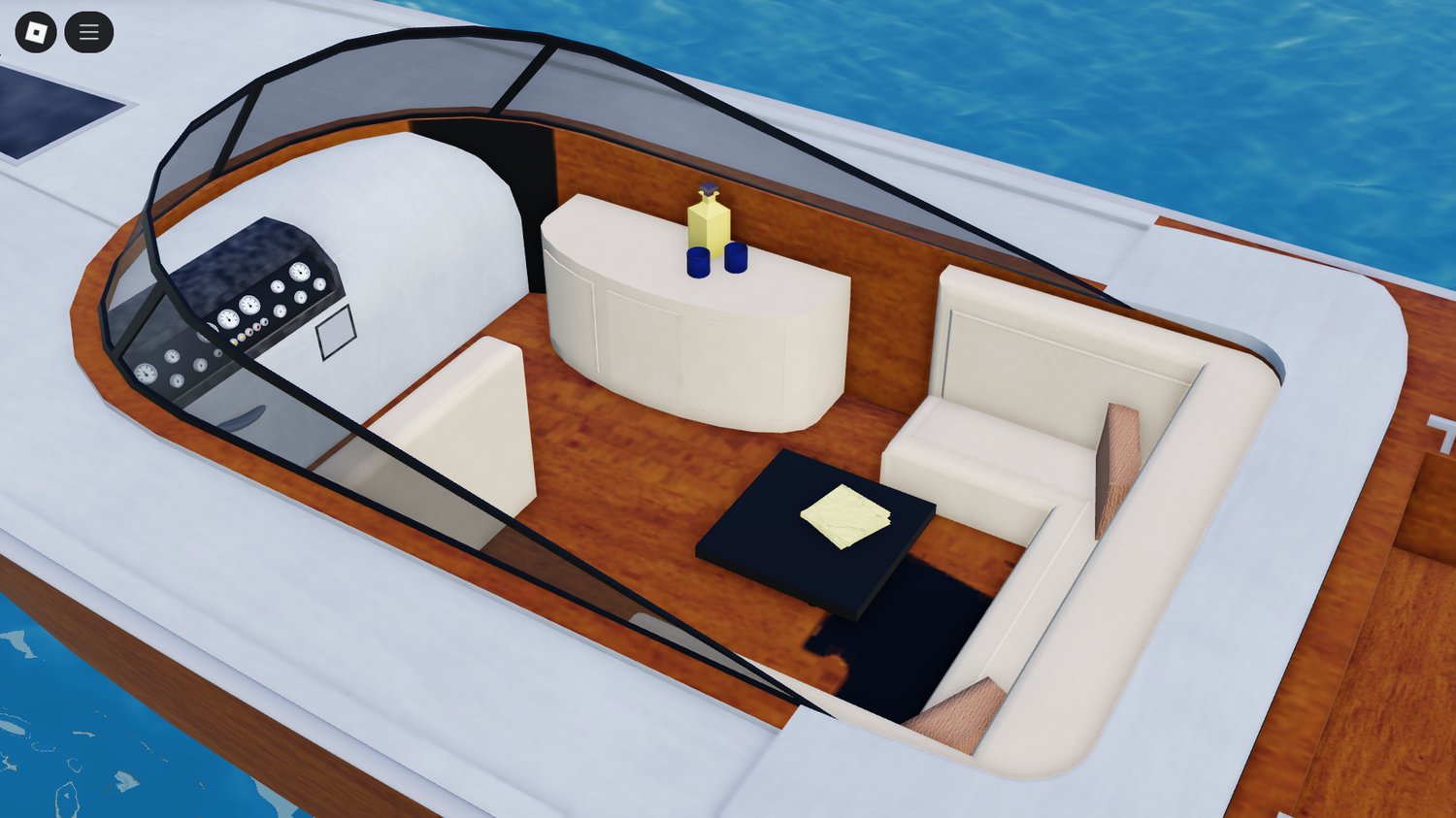 Player cruising on luxury speed boat in Roblox
