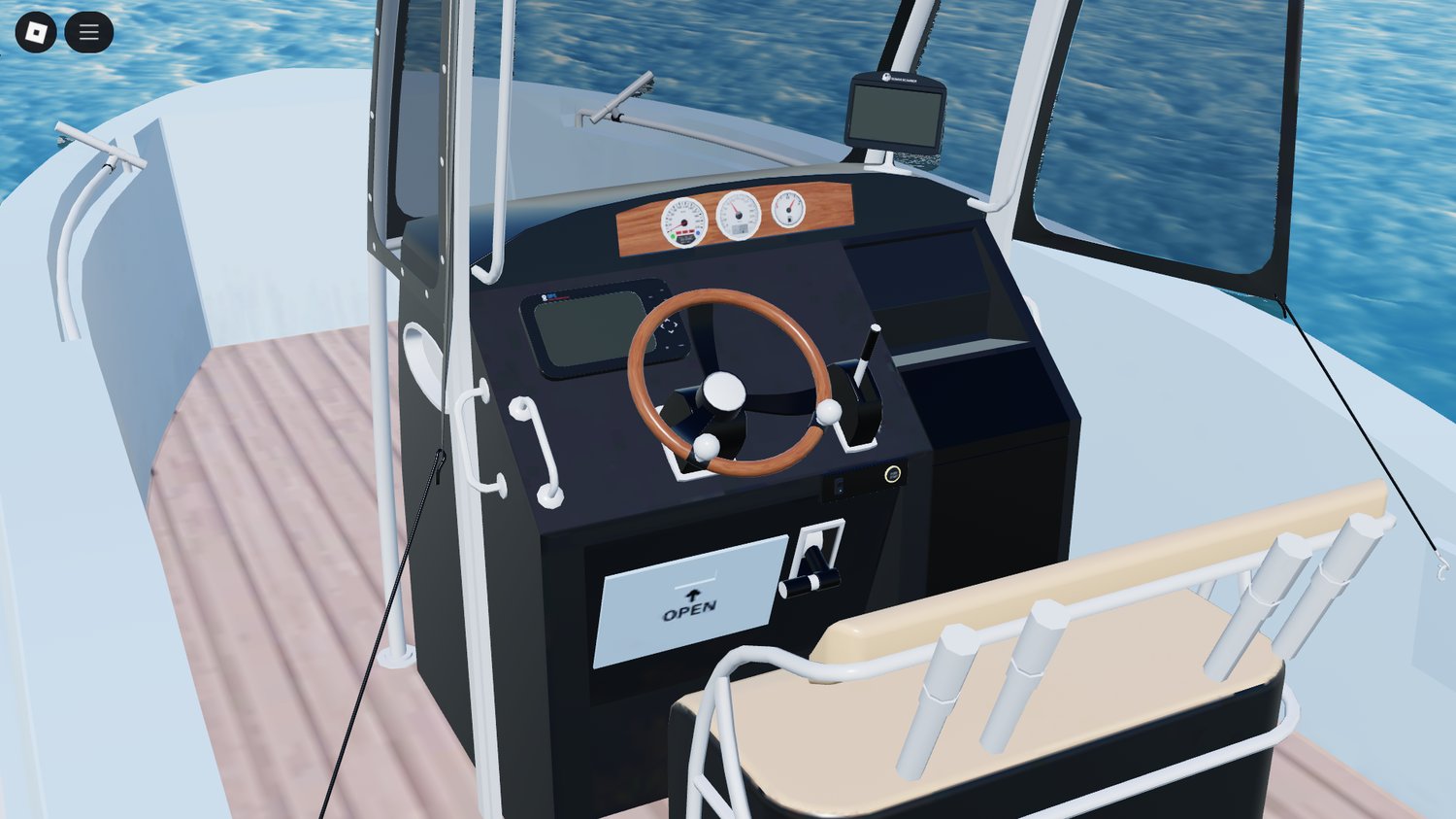 Player sailing luxury boat in Roblox ocean