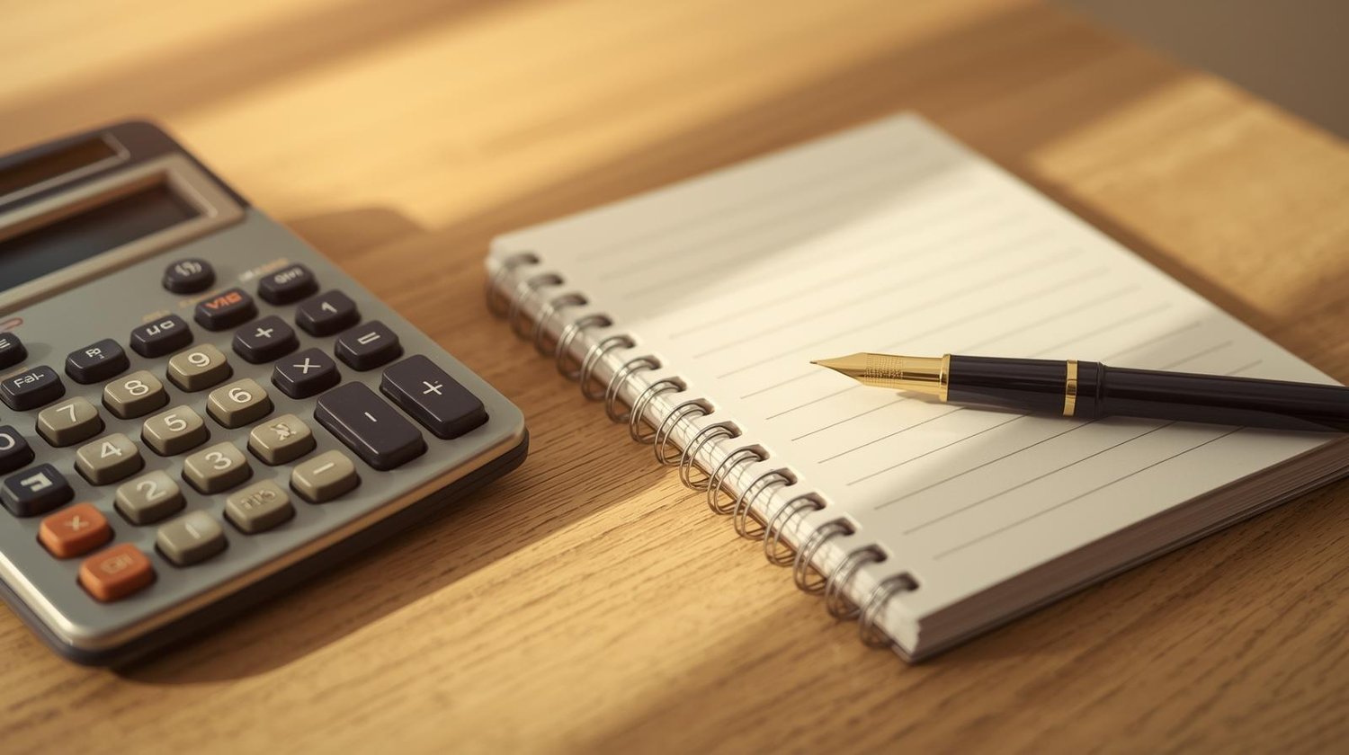 Entrepreneure freelance calculant ses tarifs avec une calculatrice, un cahier et un stylo