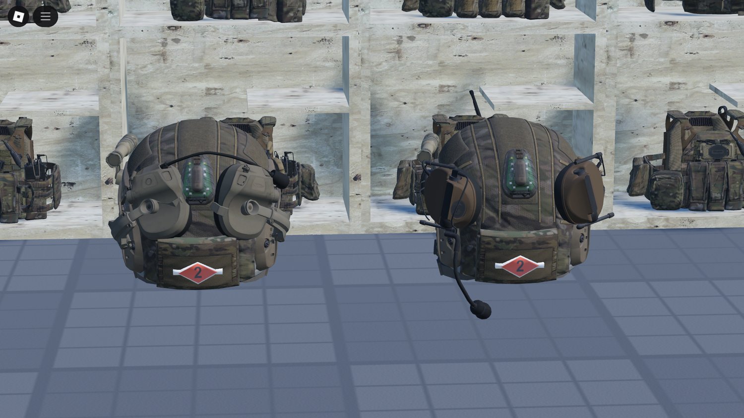 Roblox armory display of vests and helmets