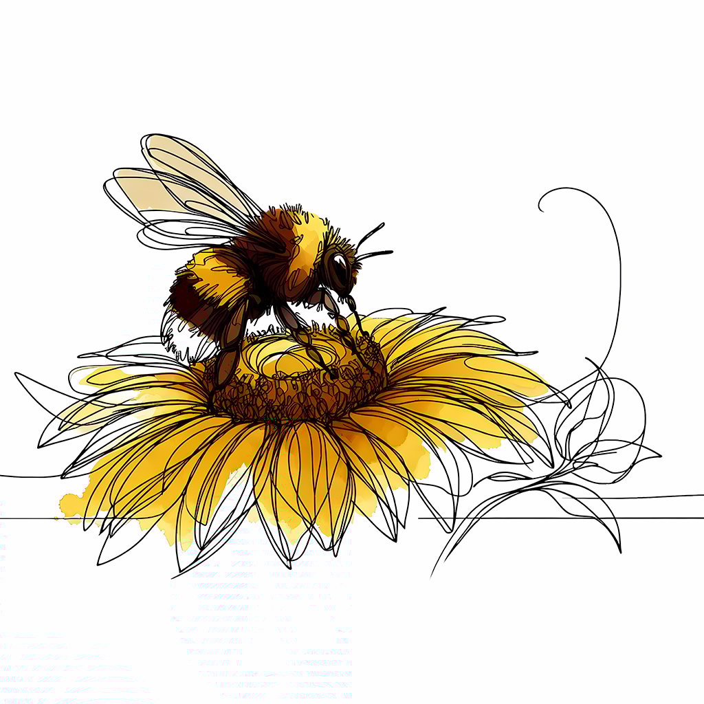 Doodle yellow bee and sunflower
