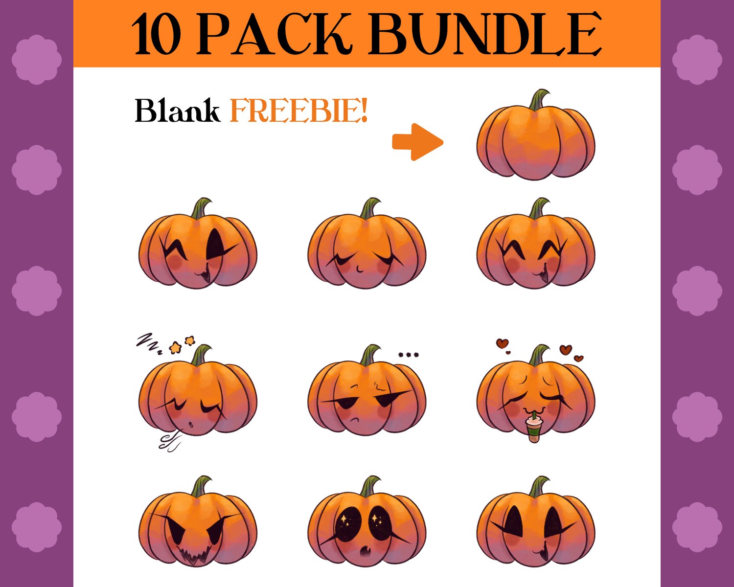 9 cute, cartoonish jack-o-lanterns with varying expressions on a white background, along with one blank pumpkin. Text reads “10 Pack Bundle” with an orange arrow pointing to the blank pumpkin saying “Blank FREEBIE!”