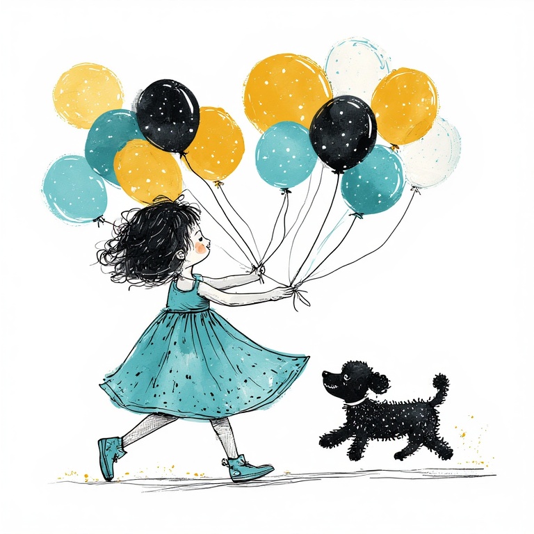 Whimsical minimalistic doodle of a girl with balloons and a poodle