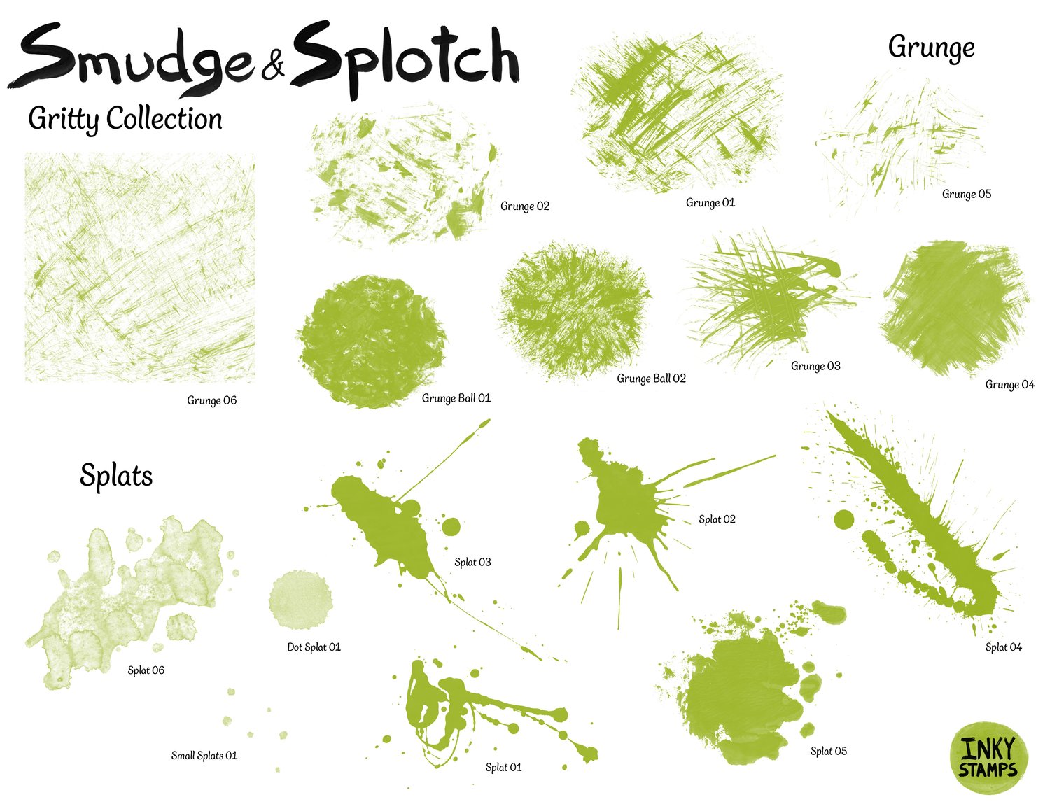 Smudge and Splotch - Gritty Collection. Grunge, Stamp shapes of paint textures and paint grunge. Splats. Stamp shapes of paint splats. INKY STAMPS