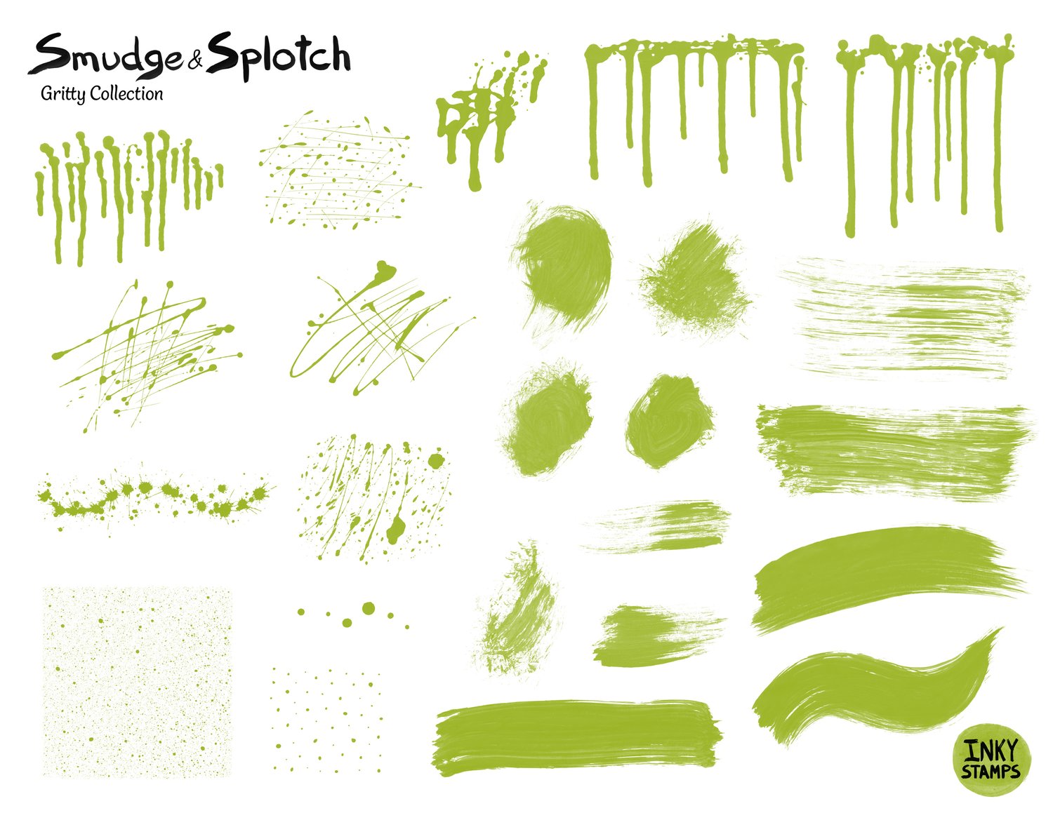 Smudge and Splotch - Gritty Collection. Stamp shapes of paint drips and paint smears. Stamp shapes of paint streaks and dry brush paint streaks. Stamp shapes of paint splatter, paint spray. INKY STAMPS