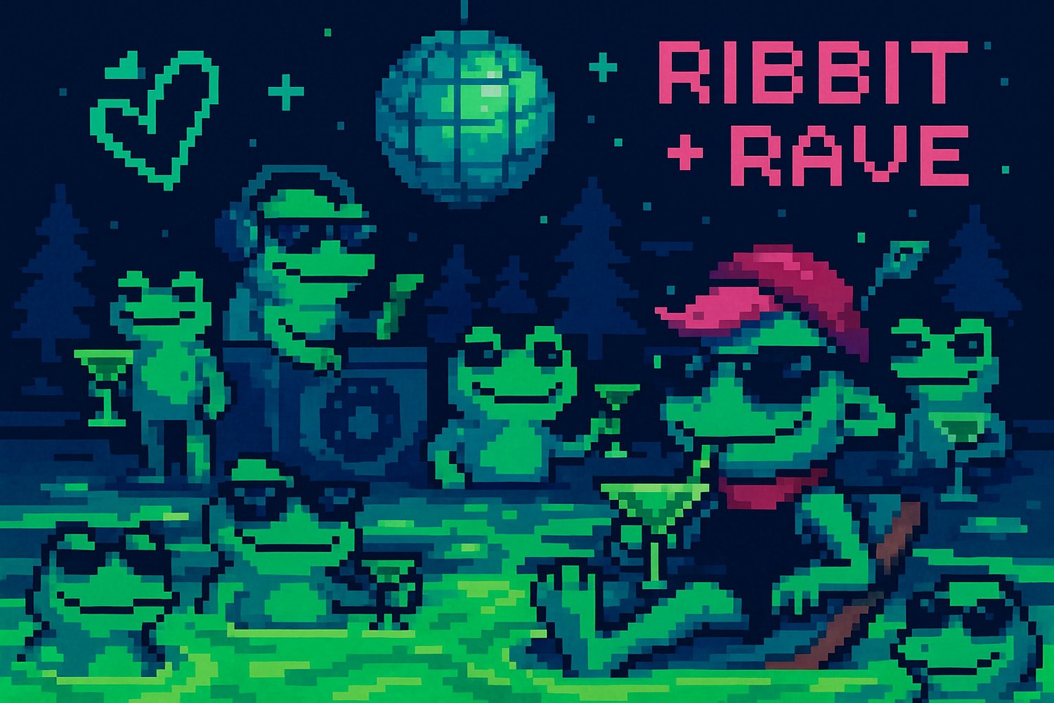 Pixel art of a neon frog nightclub scene titled “RIBBIT + RAVE.” Several green frogs wearing sunglasses lounge in glowing slime pools while sipping drinks. A DJ frog in big headphones plays behind a booth under a pixel disco ball. In the foreground, a sty