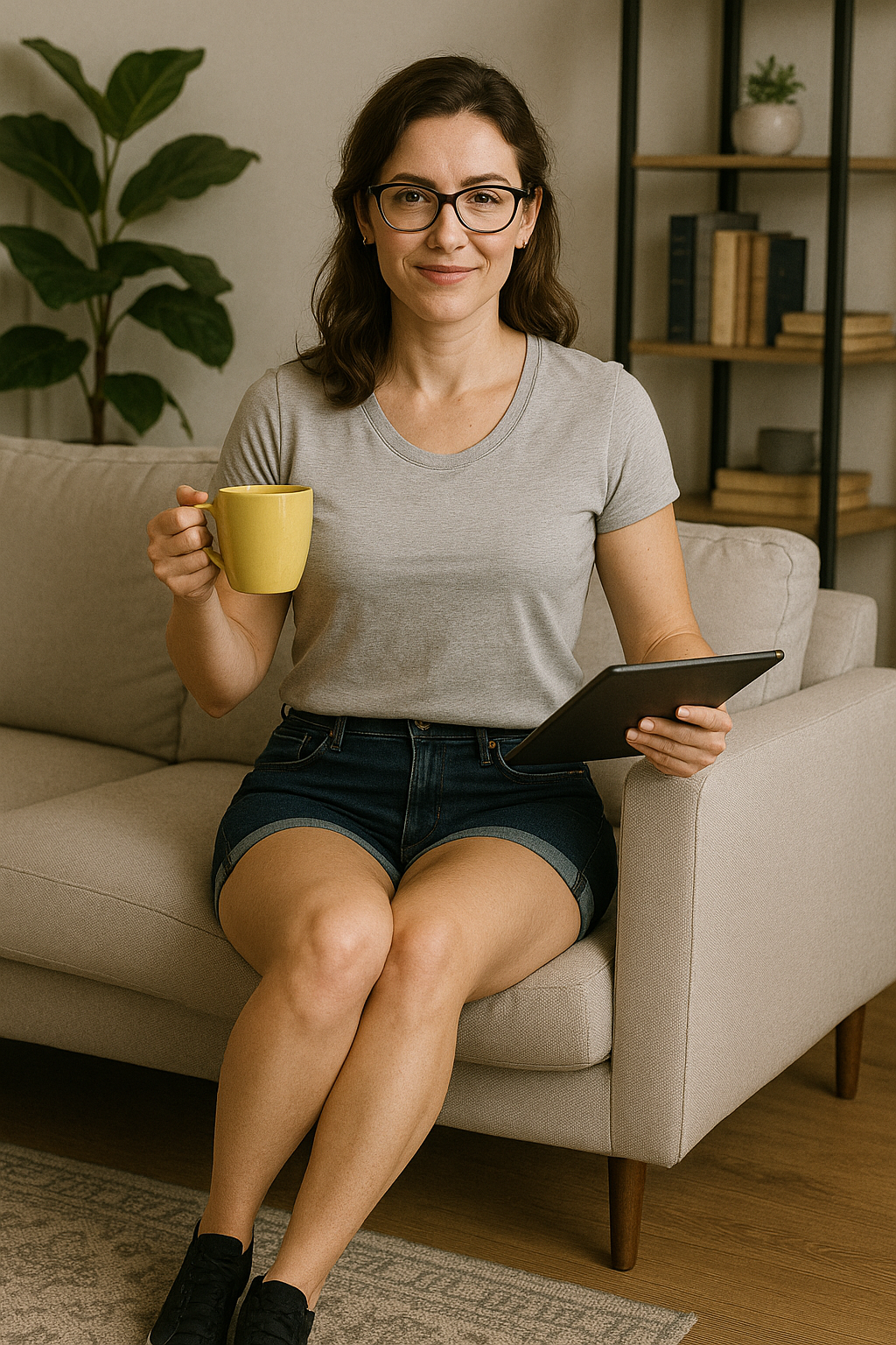 A woman in glasses sits on a beige couch holding a yellow coffee mug and a tablet, smiling gently. She wears a gray t-shirt and denim shorts, with bookshelves and a houseplant in the background. The setting is cozy and casual, ideal for creative writing o