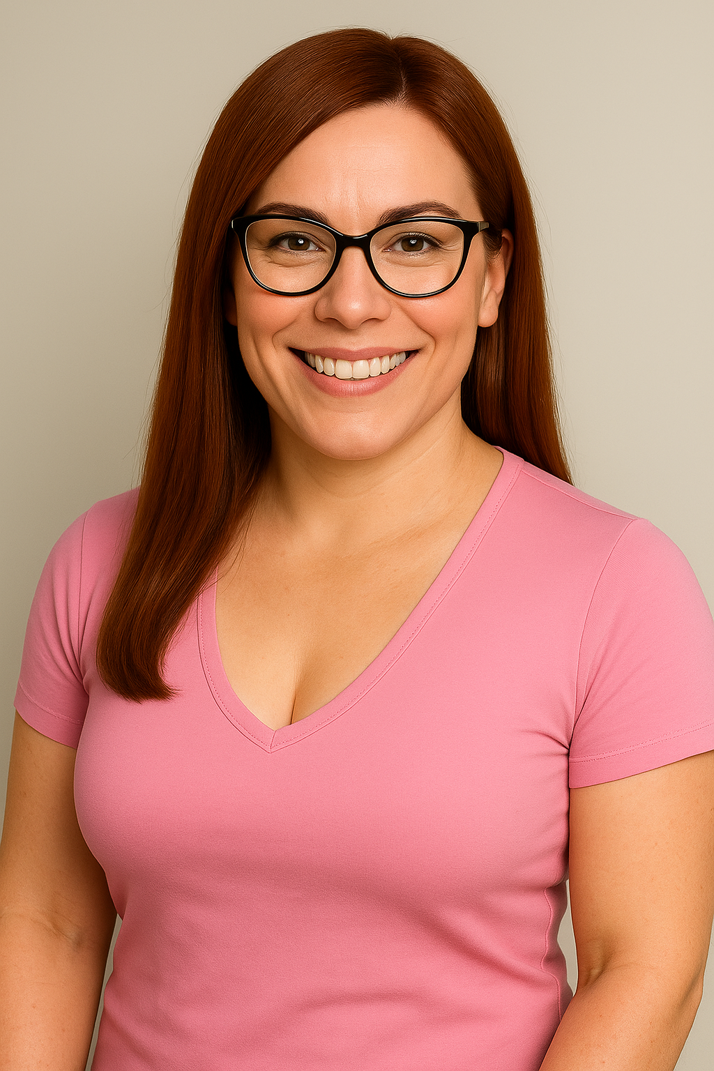 “Smiling woman with straight auburn hair, black glasses, and a pink V-neck shirt, standing against a neutral background.”