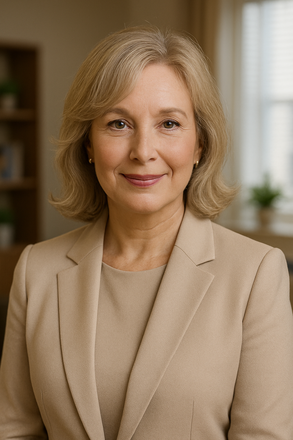 Smiling mature woman with shoulder-length blonde hair wearing a beige suit, standing in a softly lit room with shelves and a window in the background.