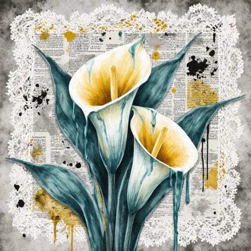 Mixed media background, with newspaper cuttings and lace and a dripping wet paint, with Calla lilies in watercolor style