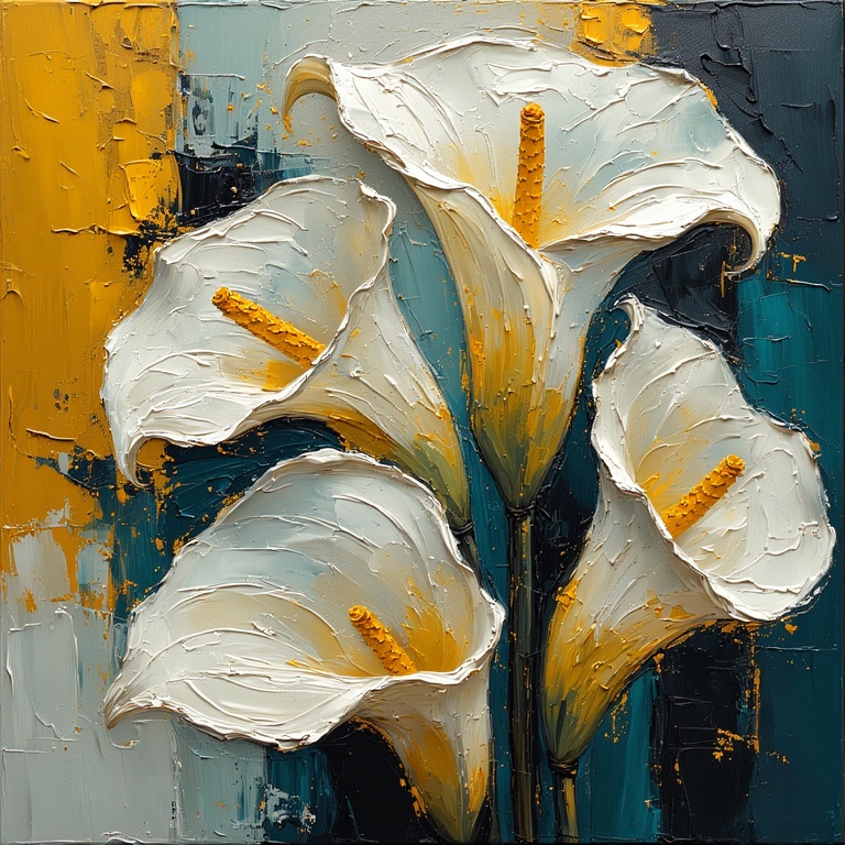 A textured oil and acrylic impasto painting of elegant white calla lilies with golden-yellow accents. The flowers are bold and expressive, with thick palette knife strokes creating rich texture. The background is an abstract painterly blend of mustard yel