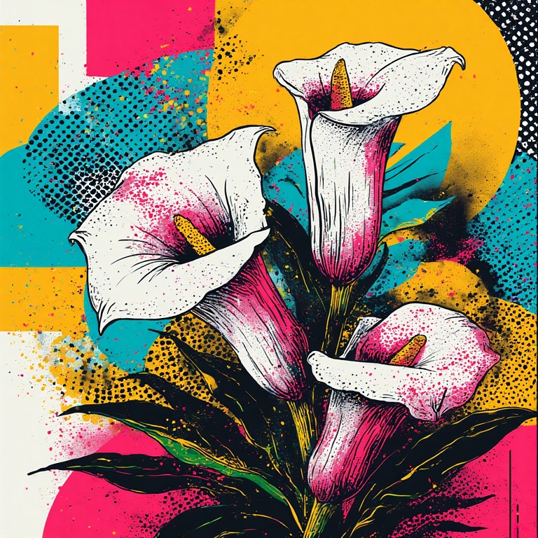 A bold Pop Art and halftone-style painting of elegant white calla lilies, accented with vibrant pinks and reds for striking contrast. The background features large, graphic blocks of mustard yellow, teal, black, and white, combined with halftone dot patte
