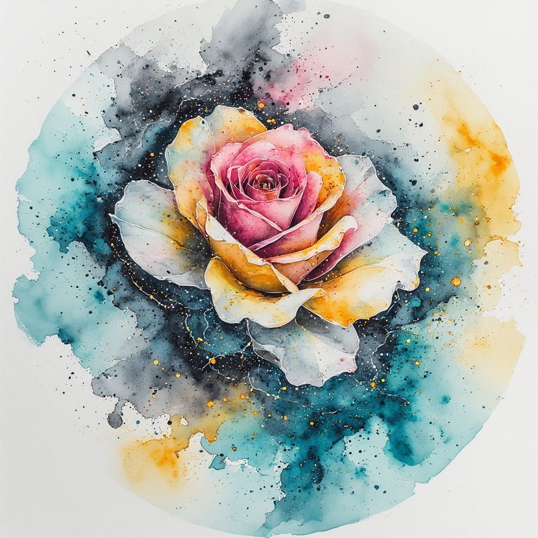 Create a stunning rose in abstract, fluid art design blending watercolor and alcohol ink techniques. Use a soothing combination of teal, mustard yellow, gray, white, and black, accented by a bold pop of pink. The composition should feel dynamic yet harmon