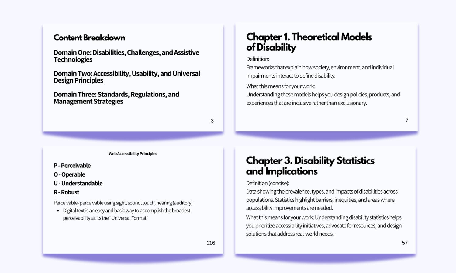 intro to accessibility cards display the content breakdown, theoretical models, POUR Principles for web design, and disability implications