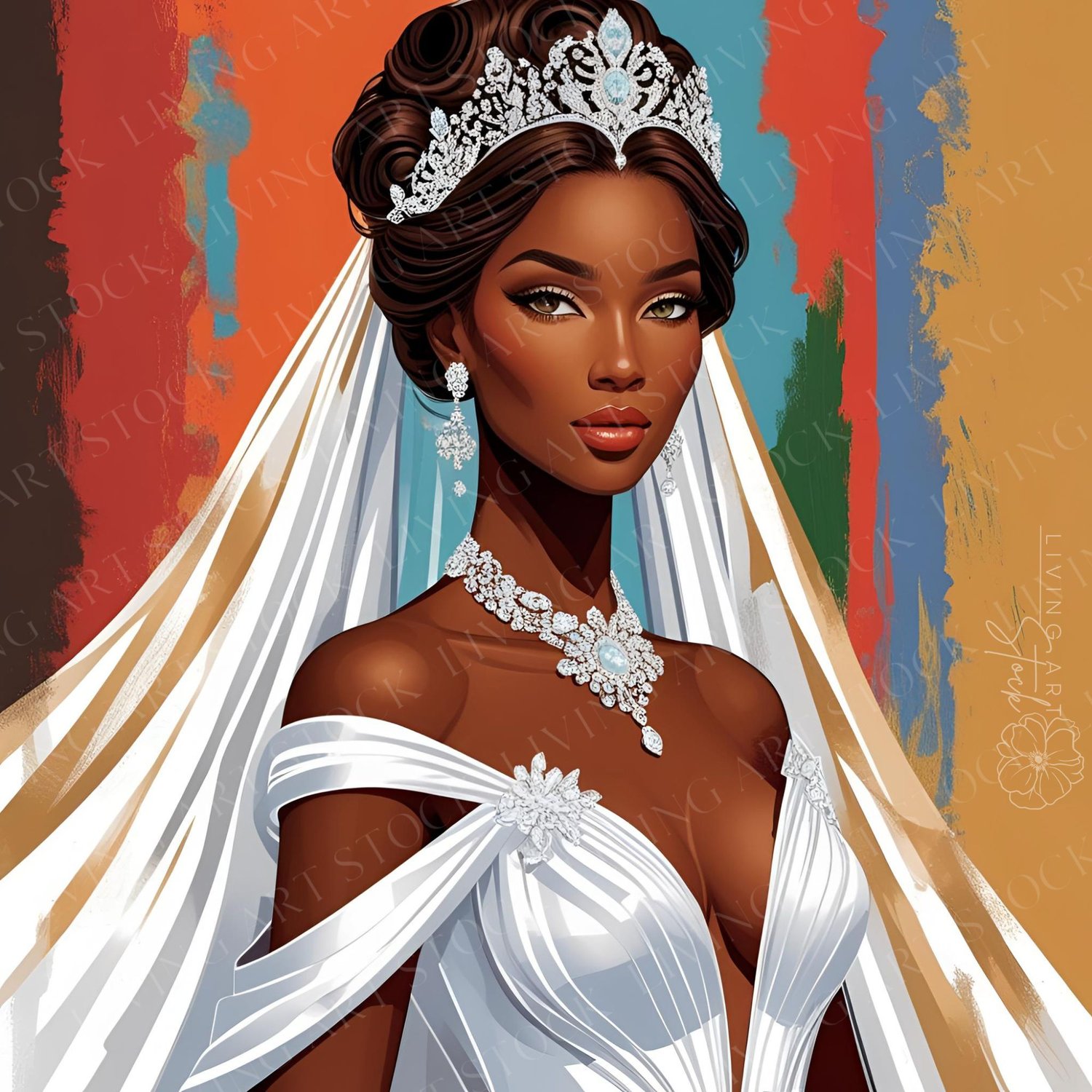 Illustration of Elegant Black bride with Earthtone Abstract Art Background