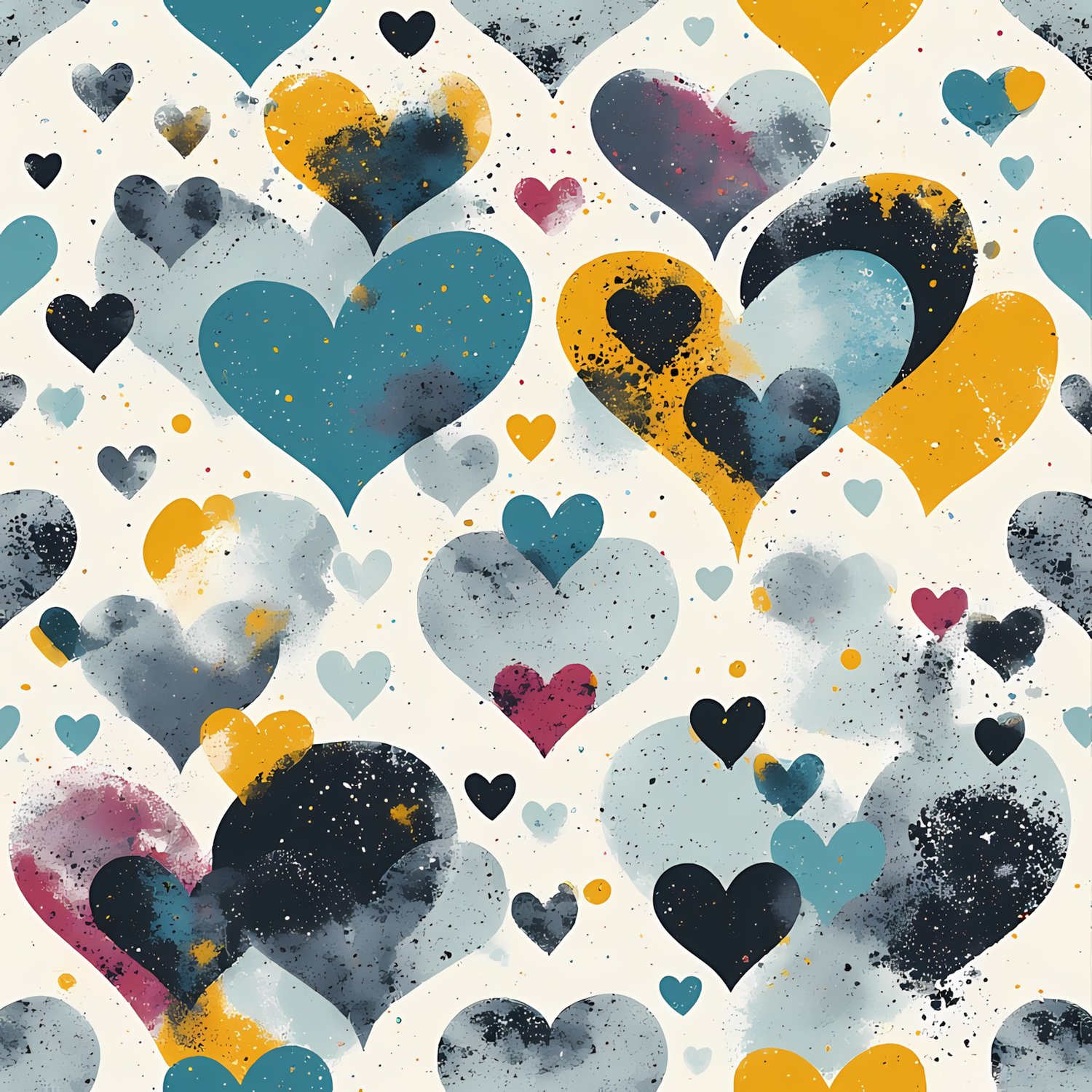 an abstract pattern featuring hearts in various sizes and colors, including teal, mustard yellow, gray, black, white, and subtle hints of maroon or purple. The hearts should have clean lines and be arranged in a balanced way on a simple, plain background.